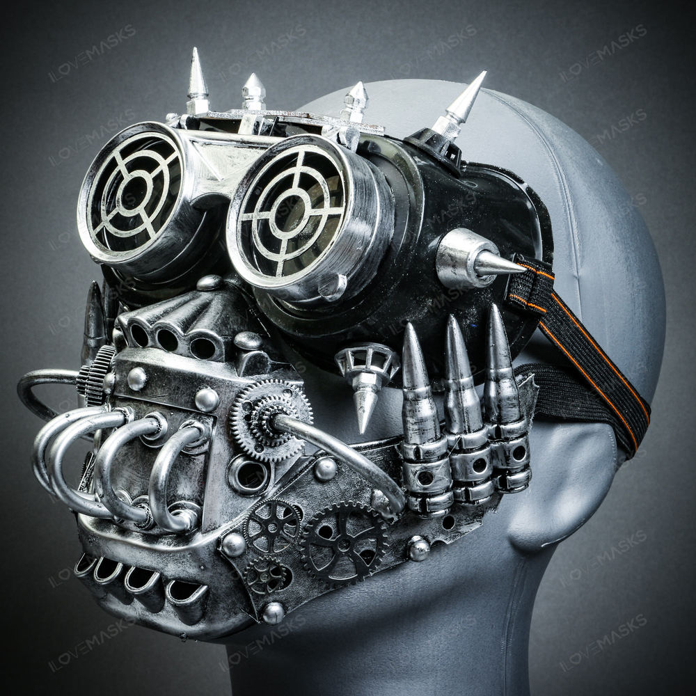 Silver Robot Mouth Cover Mask with Spike Flip Up Full Goggle Halloween Costume
